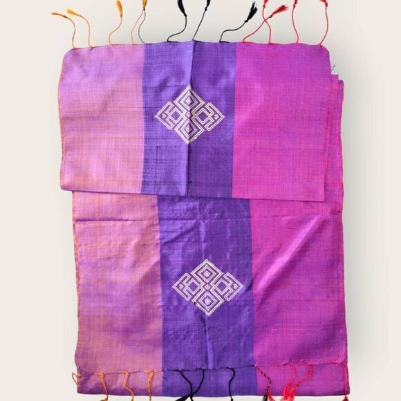 Womens Silk Scarf Rectangle 60" Purple Pink Emblem Fringe Wrap Indian Bohemian - Picture 6 of 8